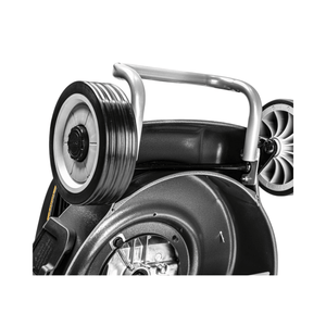 Close-up of the handle and wheel of the Virtue 50 SVP Variable Speed 4 in 1 Petrol Lawnmower for easy maneuverability.