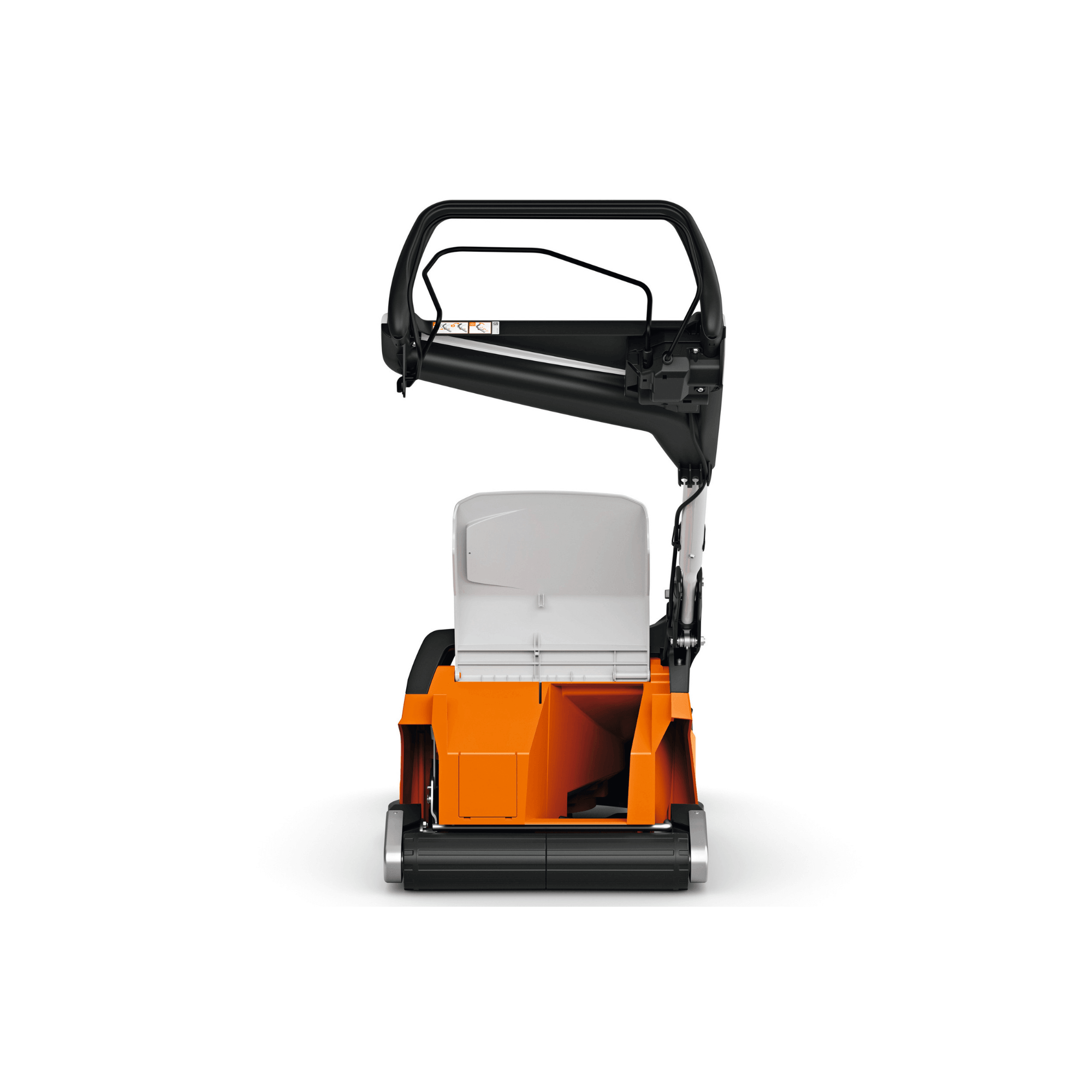STIHL RMA 448 RV cordless lawnmower rear view showing the battery compartment and rear roller detail.