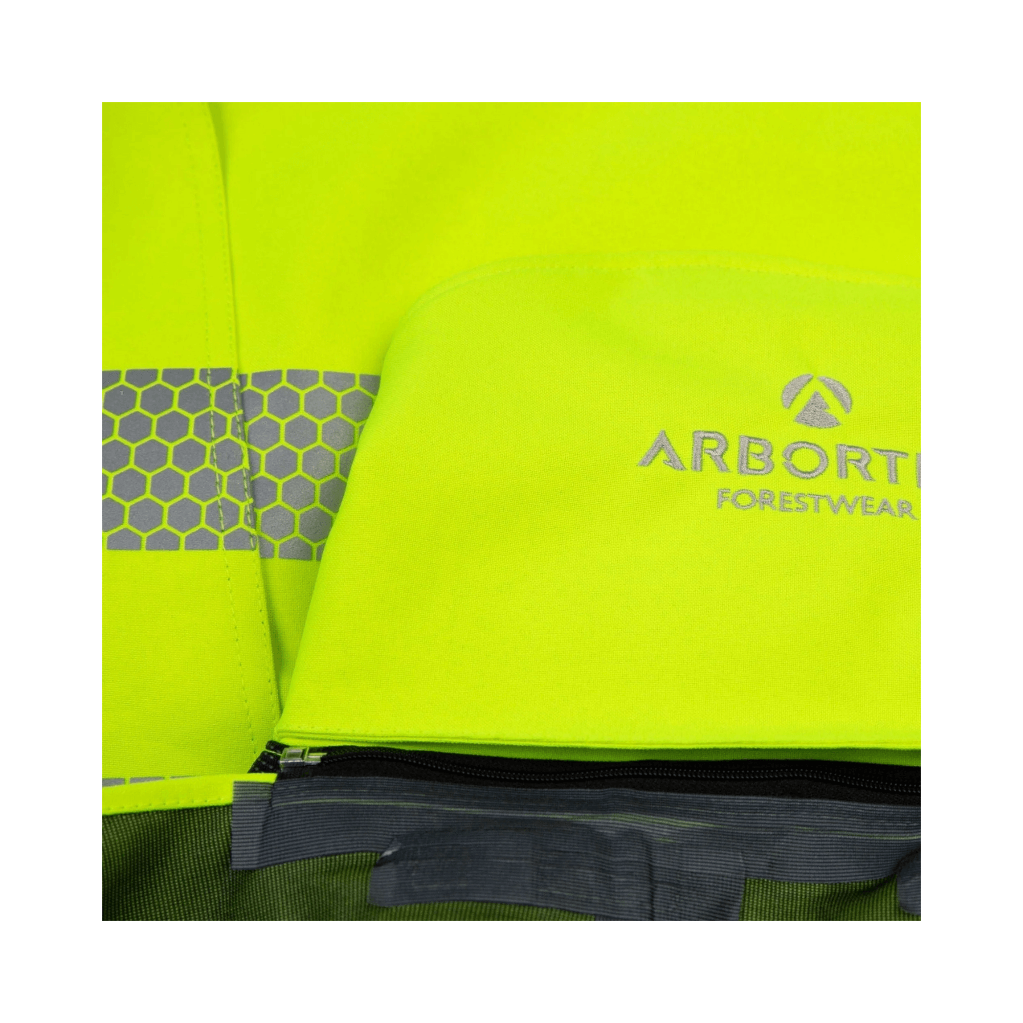 Heavy Duty Full Zip Waterproof Jacket Hi Vis Yellow close-up showing reflective details and Arbortec branding.