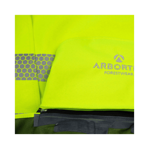 Heavy Duty Full Zip Waterproof Jacket Hi Vis Yellow close-up showing reflective details and Arbortec branding.