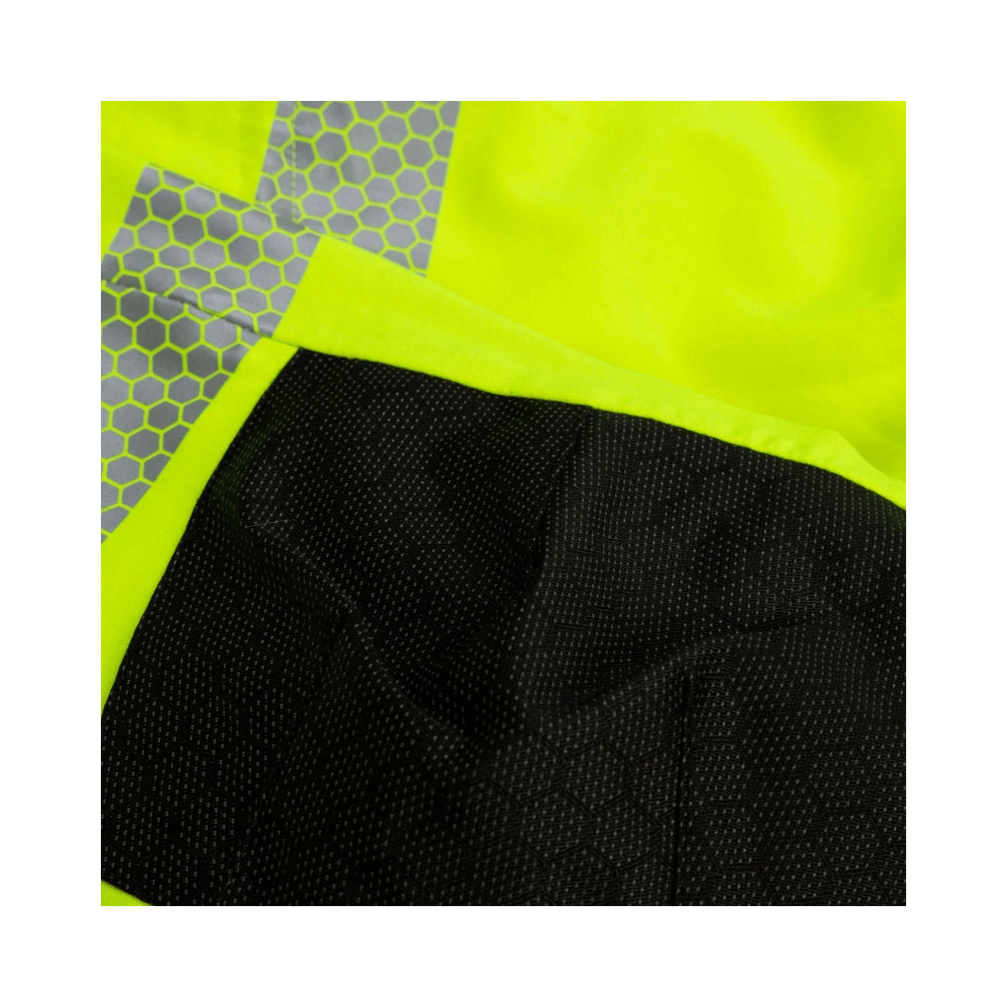 Close-up of Heavy Duty BreatheDry Hi-Viz Yellow Smock showcasing waterproof fabric and reflective details.