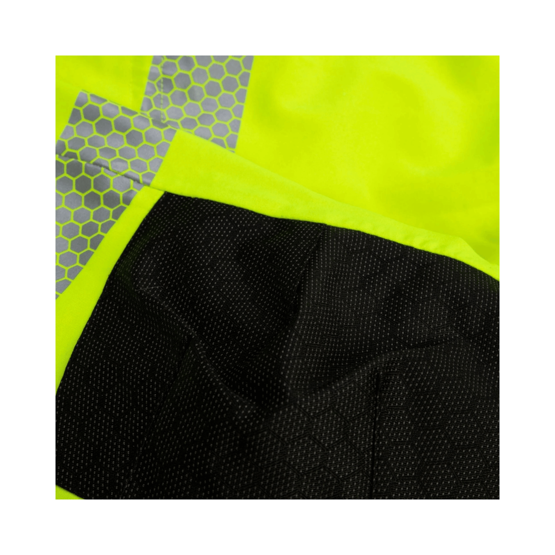 Close-up of Heavy Duty BreatheDry Hi-Viz Yellow Smock showcasing waterproof fabric and reflective details.