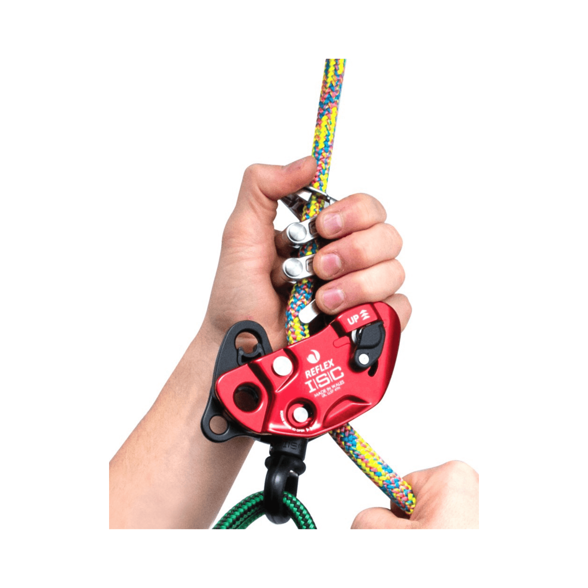 Person holding the REFLEX Mechanical Hitch for mid-line attachment with precise friction control.