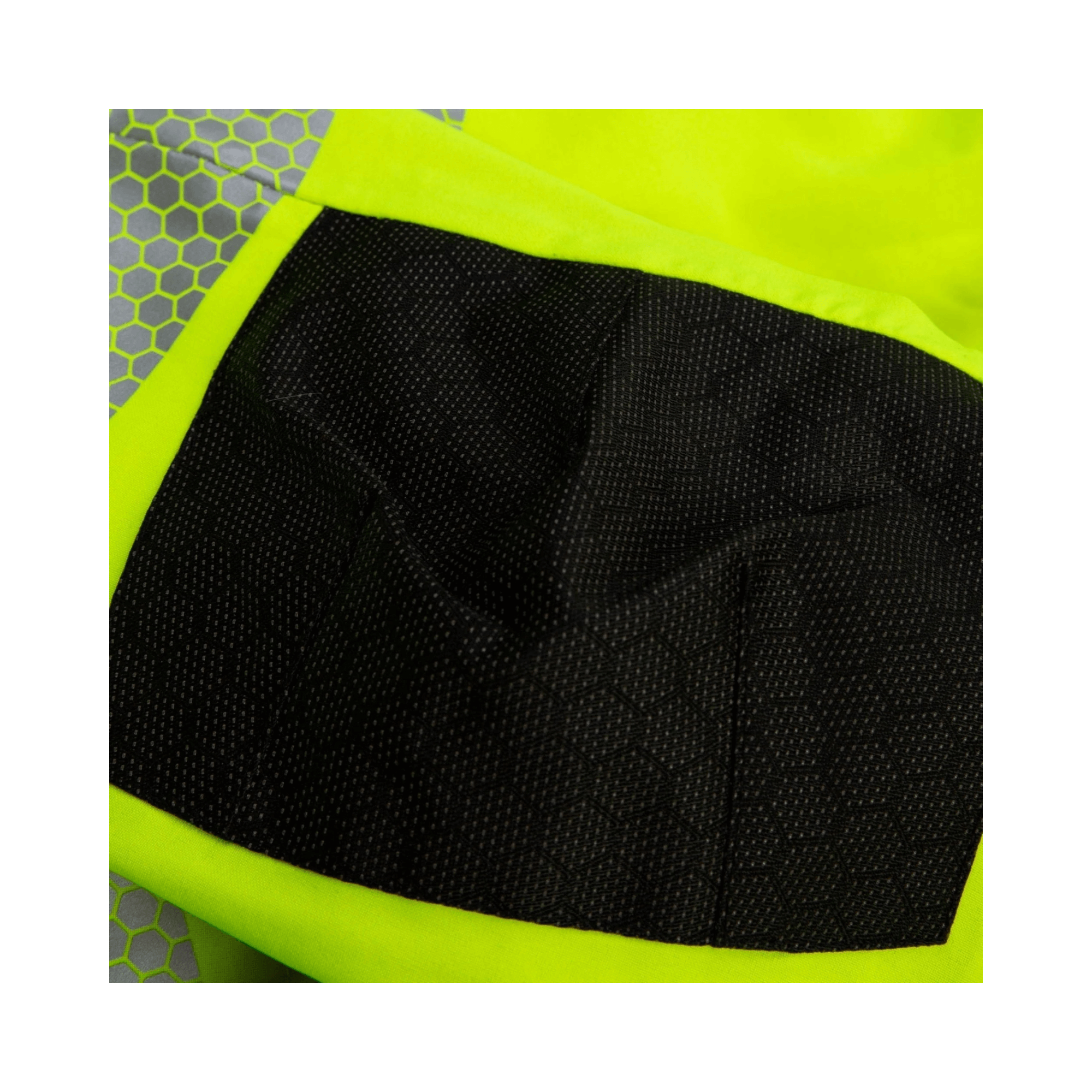 Heavy Duty Full Zip Waterproof Jacket Hi Vis Yellow close-up of fabric detail with black patch.