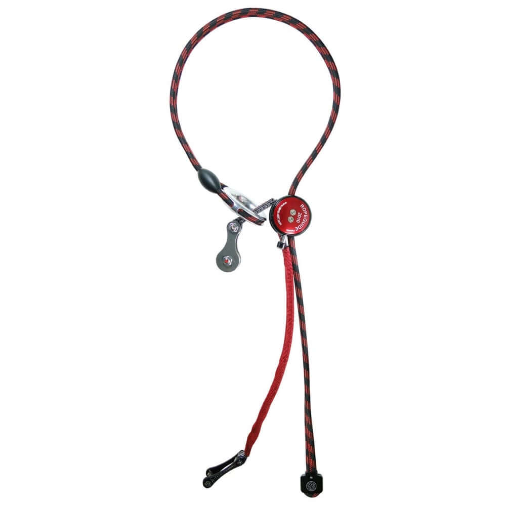 A RopeGuide 2010 device with link pulley, consisting of a red and black rope, a metal tunnel ring, and adjustment mechanisms, designed for climbing and rope management.