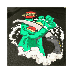 Arb Fiction Screaming Hand T-Shirt featuring a green hand holding a saw, perfect for Tree Surgeons and skateboard culture.