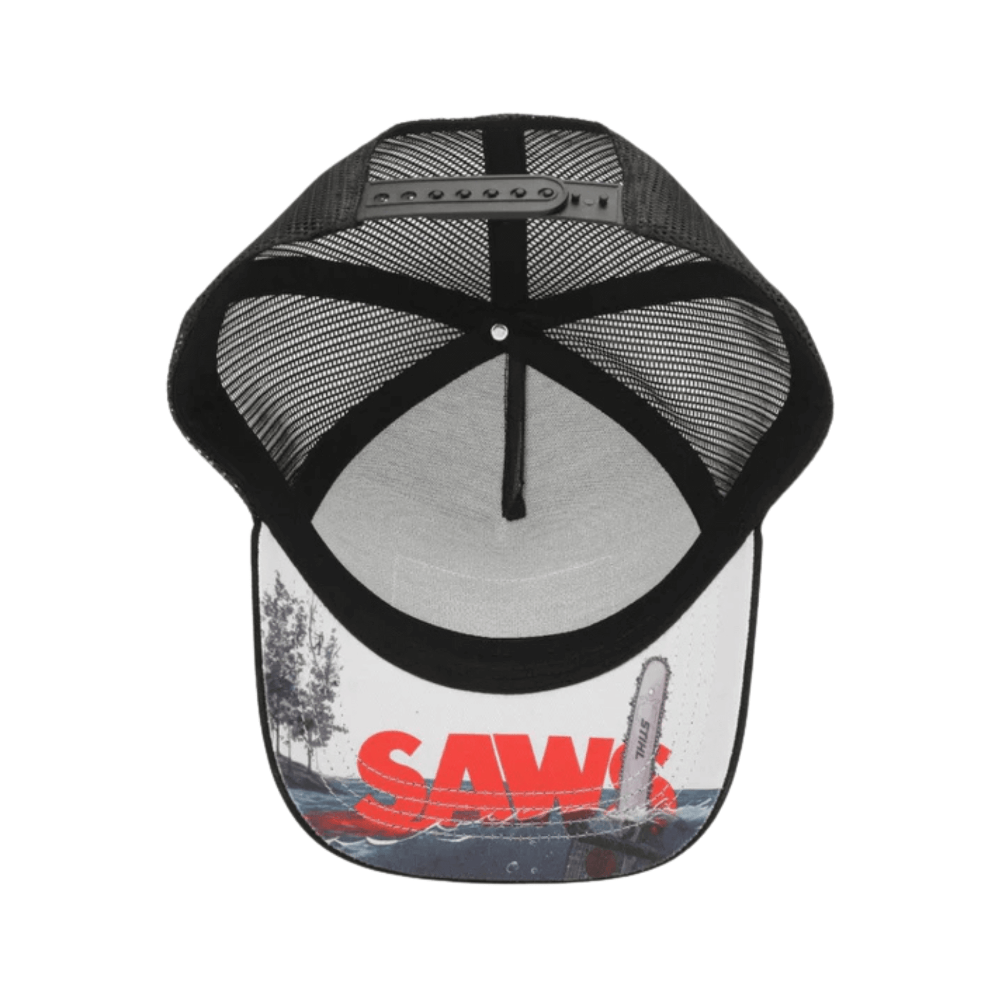 SAWS Trucker Hat featuring unique under-brim artwork and classic trucker style.