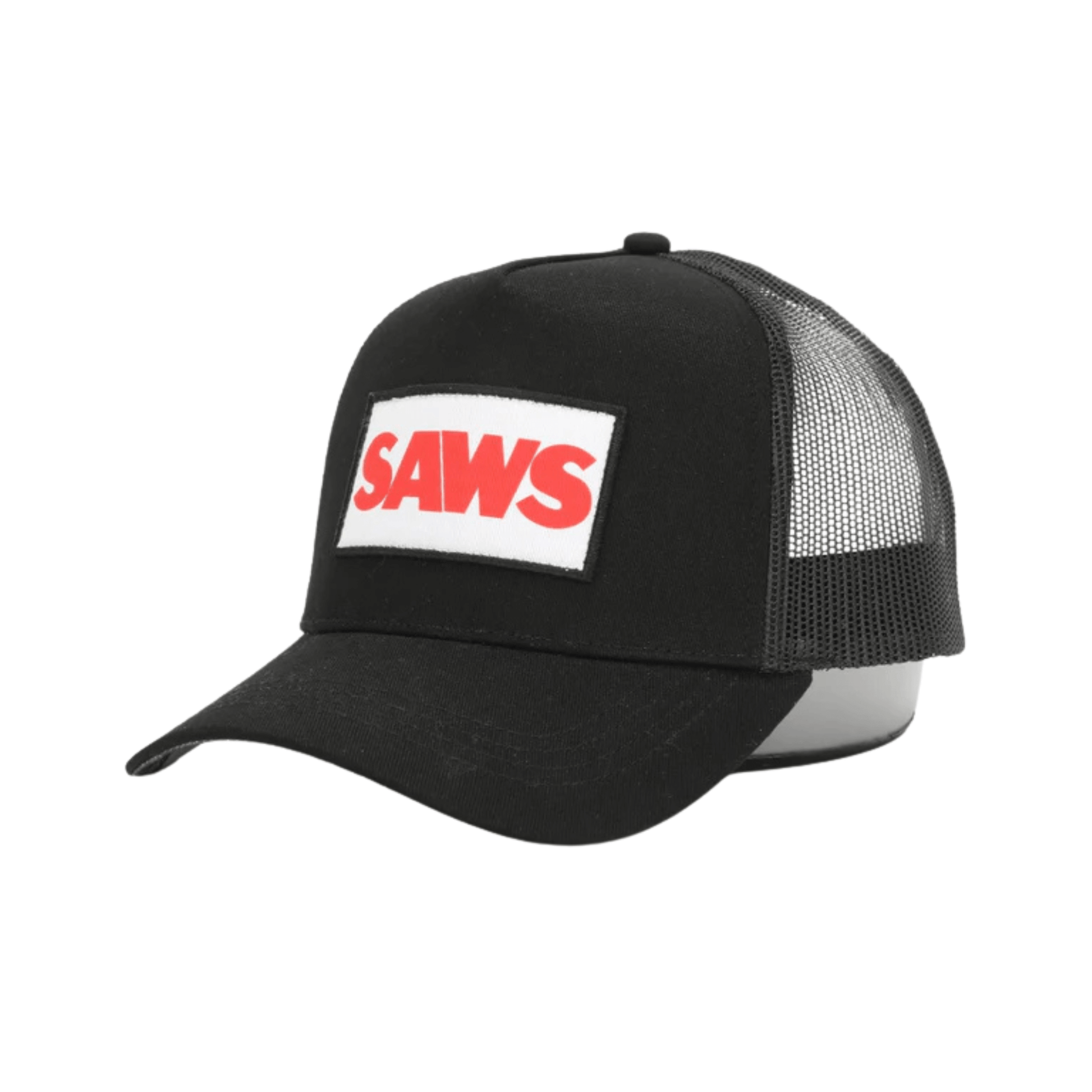 SAWS Trucker Hat featuring bold red logo on the front and classic trucker style with mesh back.
