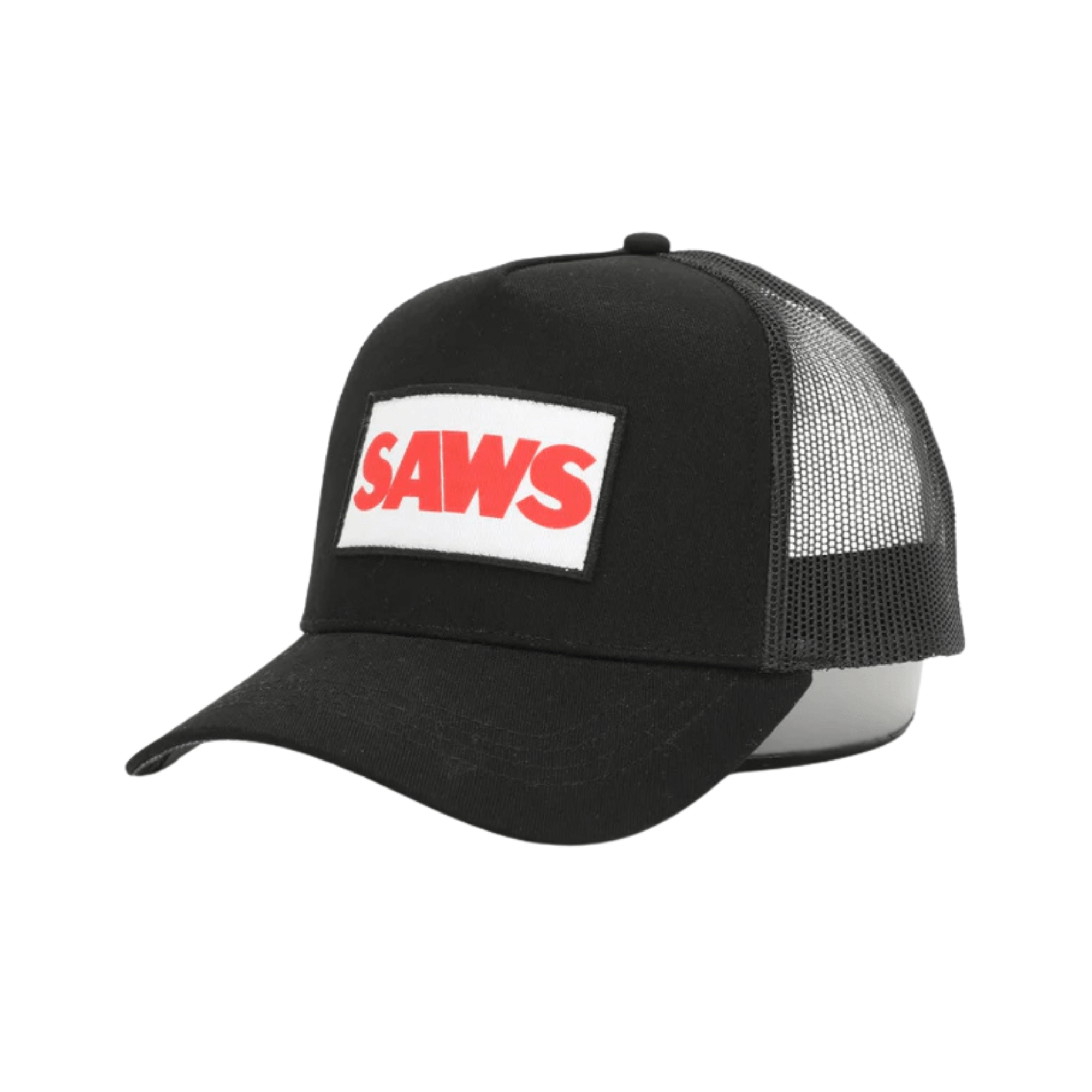 SAWS Trucker Hat featuring bold red logo on the front and classic trucker style with mesh back.