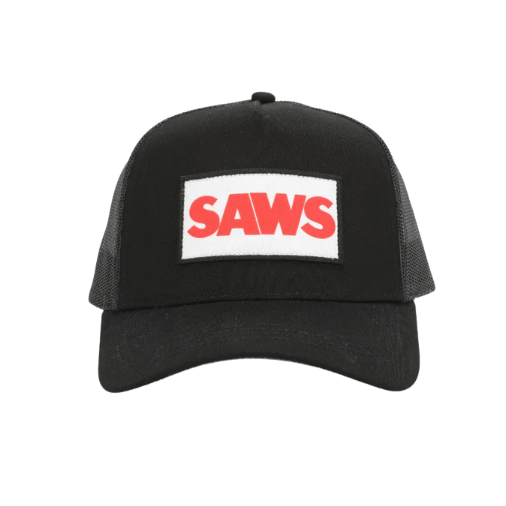 SAWS Trucker Hat featuring bold red lettering on a black cap, perfect for arboriculture enthusiasts.