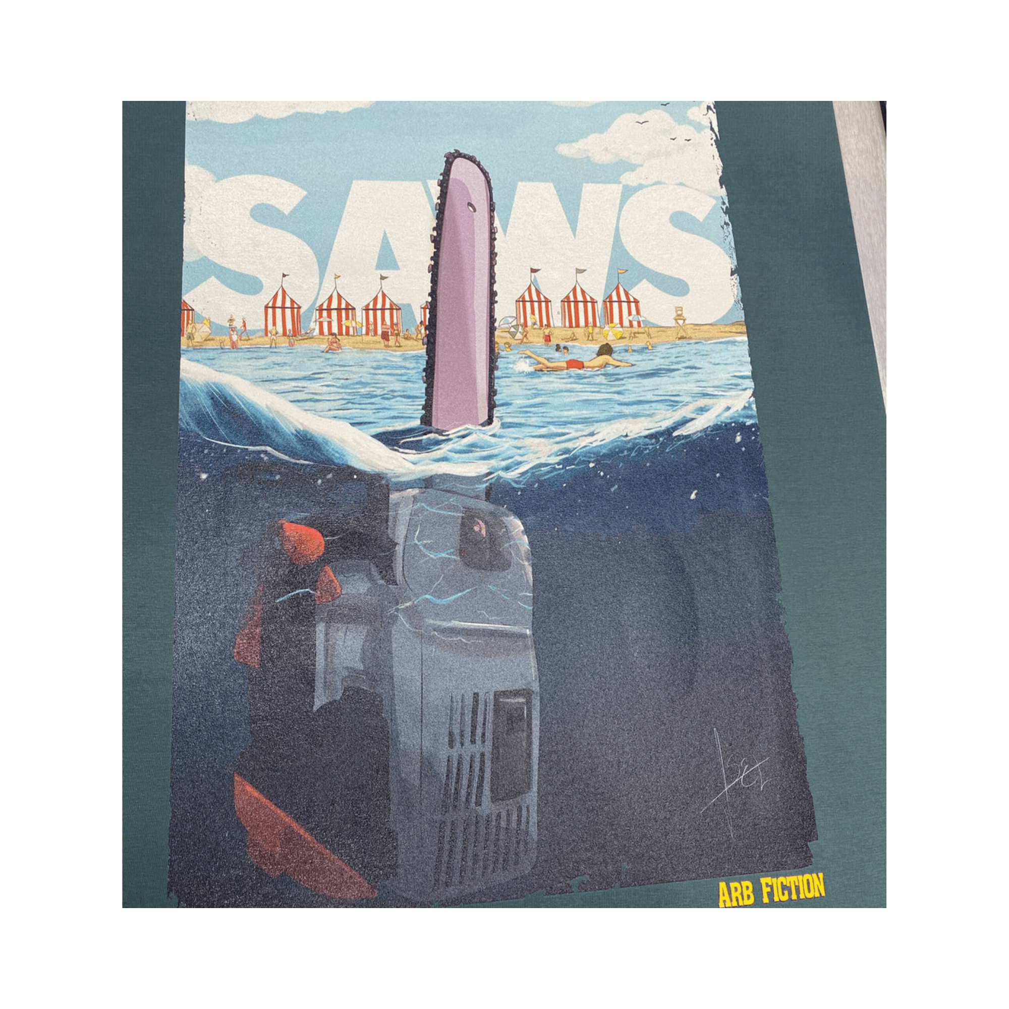 Saws T-Shirt featuring a chainsaw graphic inspired by classic cinema for arborists and tree surgeons.