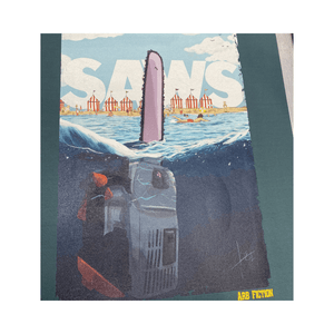 Saws T-Shirt featuring a chainsaw graphic inspired by classic cinema for arborists and tree surgeons.