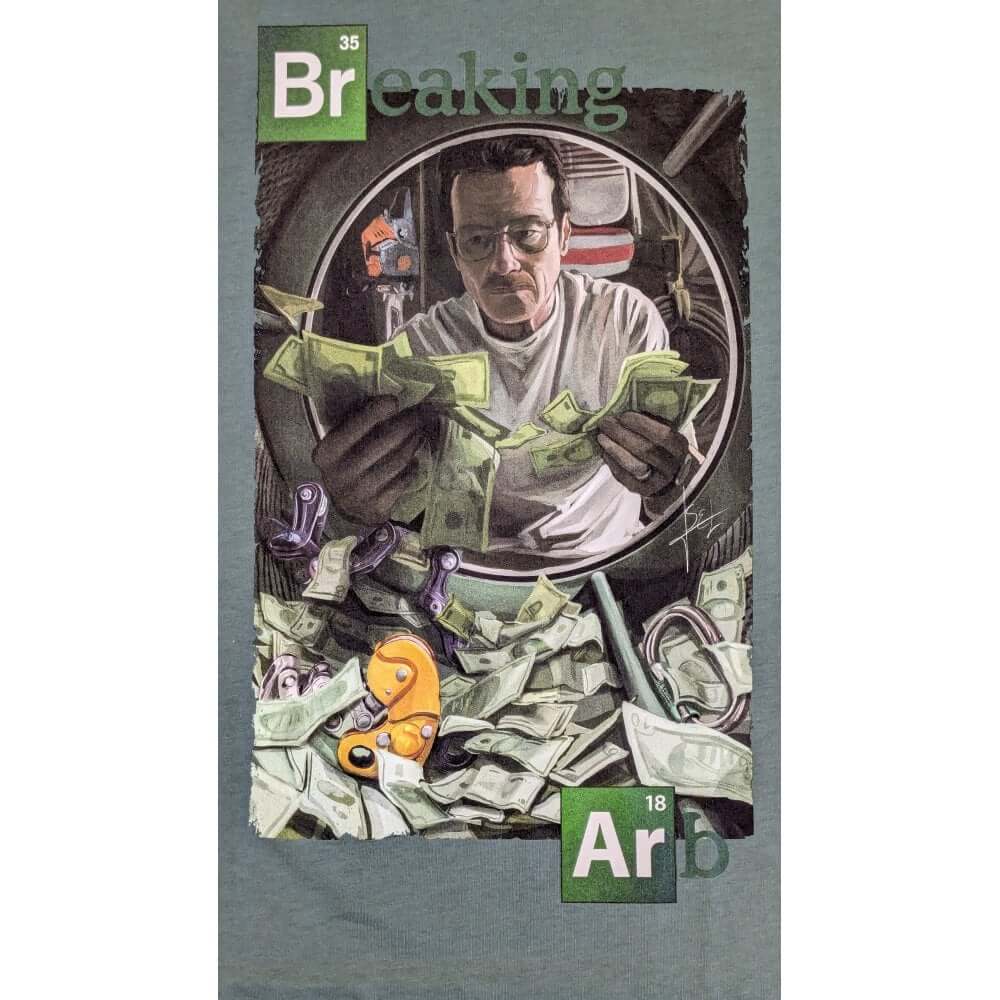 Breaking Bad green T-shirt featuring Walter White counting money, perfect for arborists and fans of the series.
