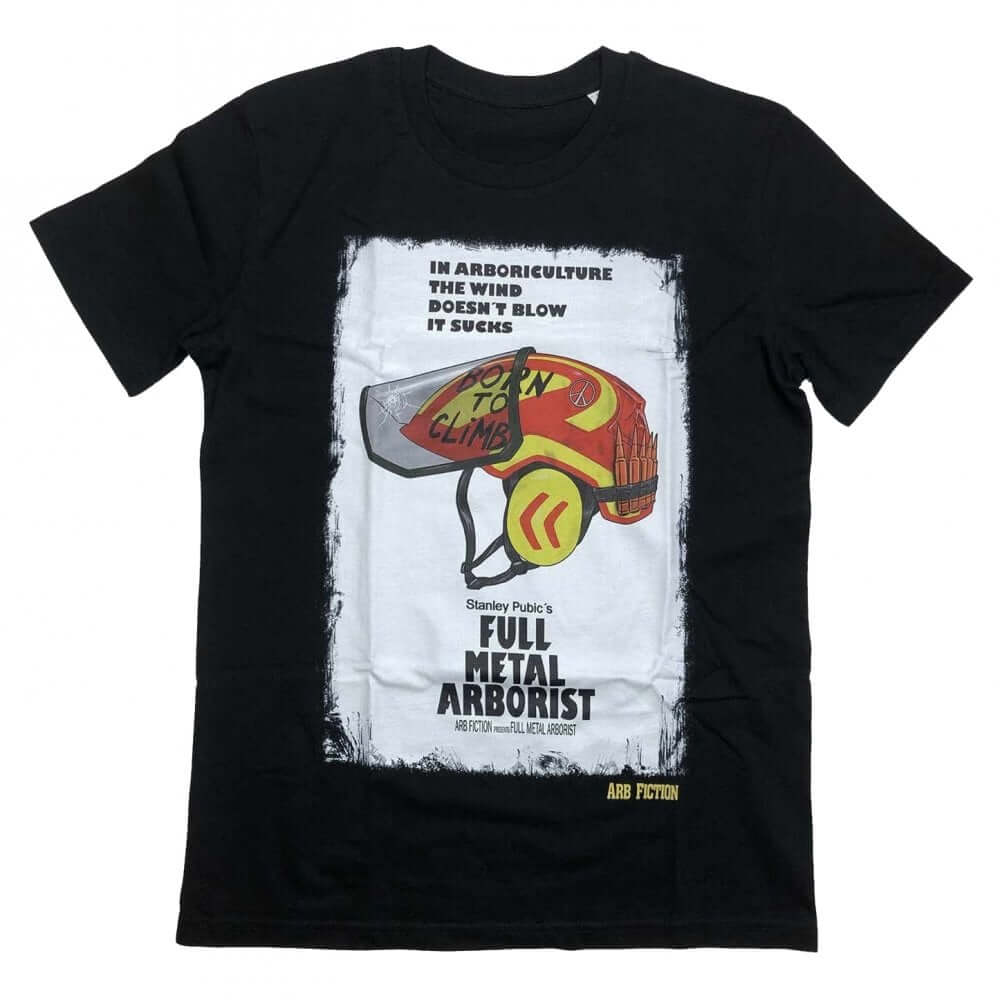 Black organic cotton t-shirt with 'Full Metal Arborist' front print featuring a chainsaw and text.