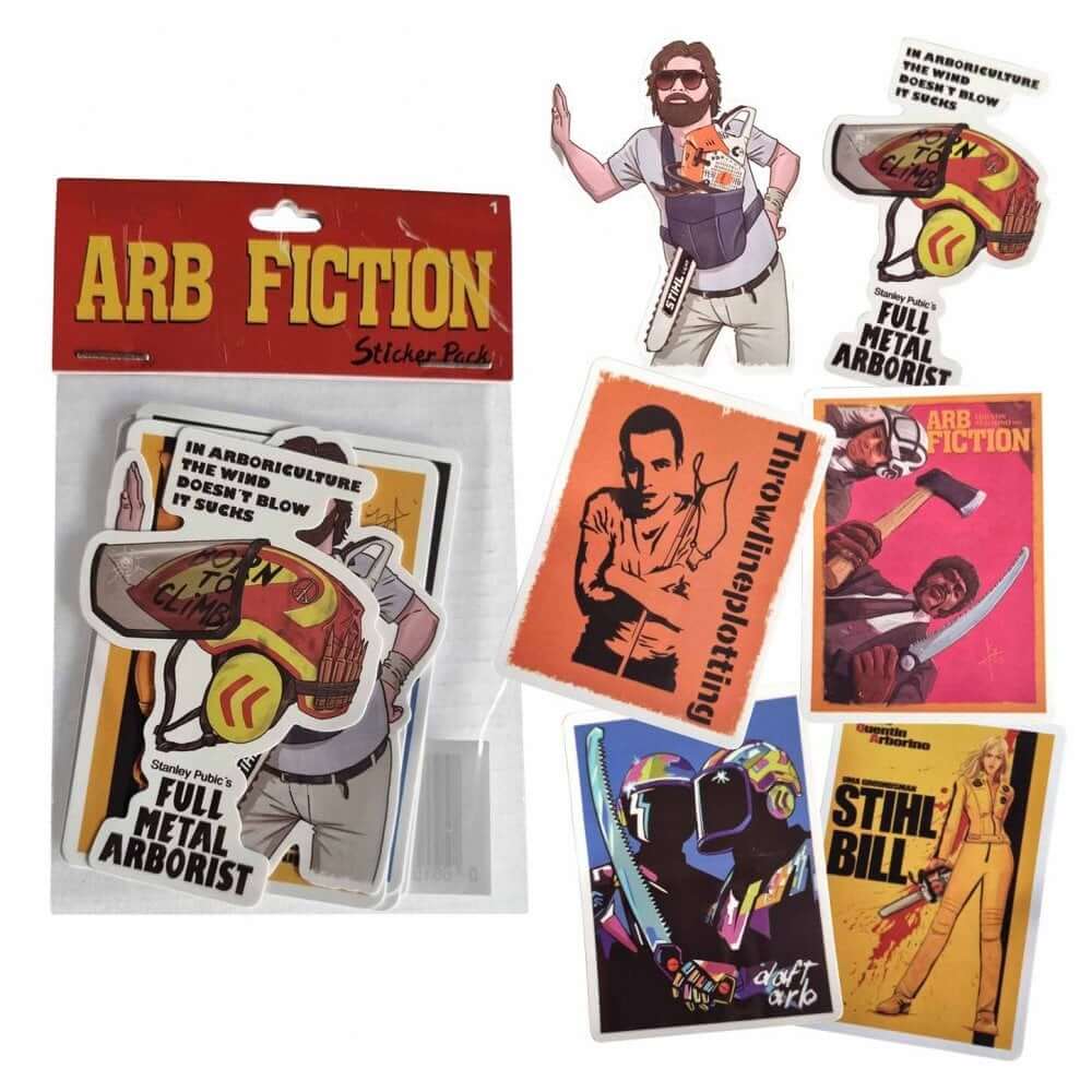 A collection of Arb Fiction stickers with various designs, including pop culture references and arborist-themed artwork. The stickers are displayed on a white background, and the packaging indicates the stickers are made to withstand outdoor conditions.