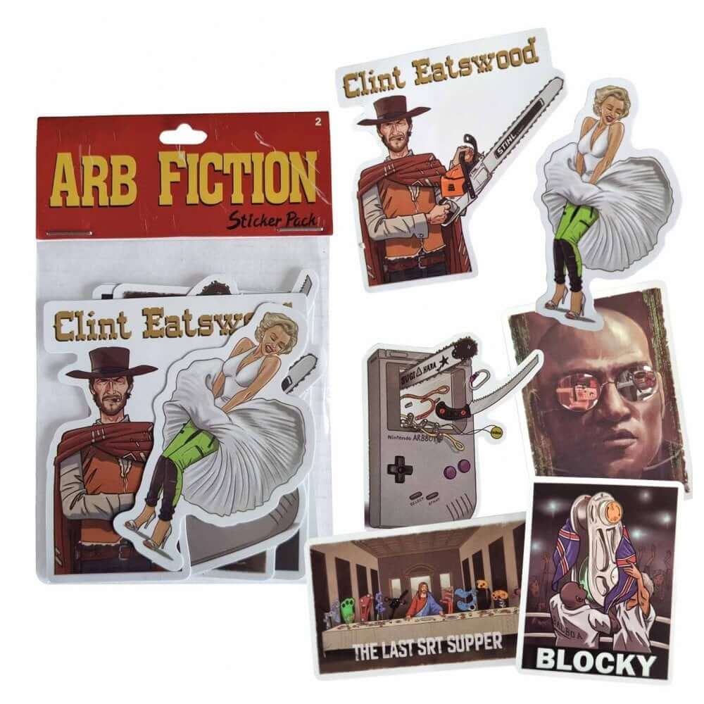 Collection of Arb Fiction stickers featuring Clint Eatswood and unique pop culture designs for tree surgeons.