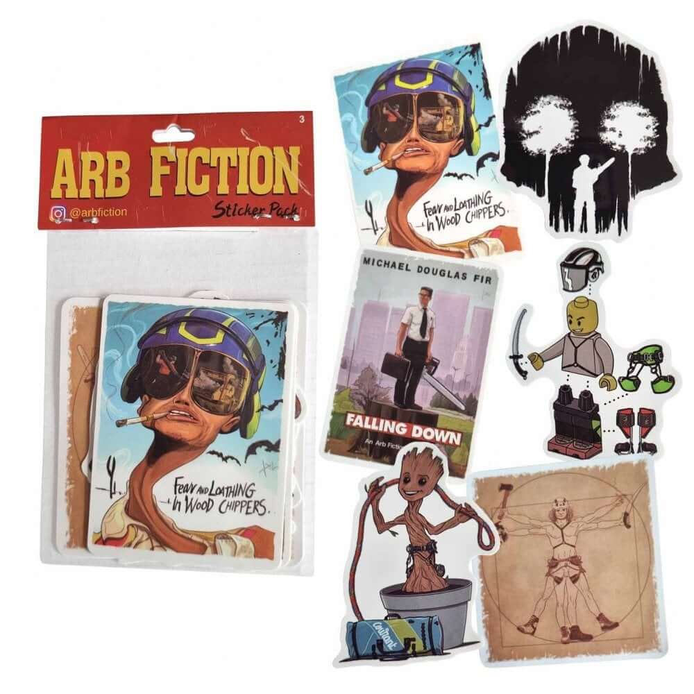Arb Fiction sticker collection featuring unique designs for tree surgeons, showcasing pop culture themes.