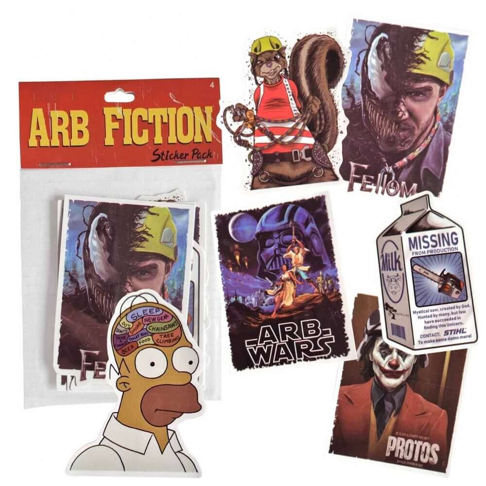 Arb Fiction sticker pack featuring unique pop culture designs and tree surgeon themes for outdoor durability.
