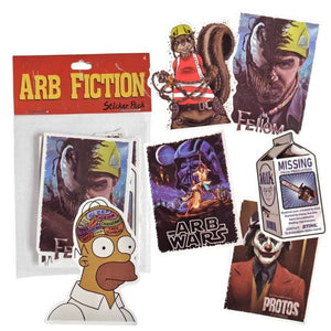 Arb Fiction sticker pack featuring unique pop culture designs and tree surgeon themes for outdoor durability.