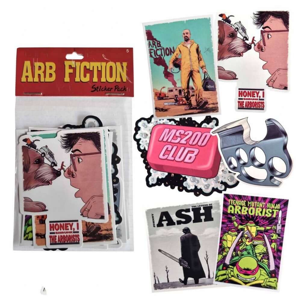 Arb Fiction sticker collection featuring unique designs for tree surgeons and outdoor enthusiasts.
