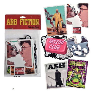 Arb Fiction sticker collection featuring unique designs for tree surgeons and outdoor enthusiasts.