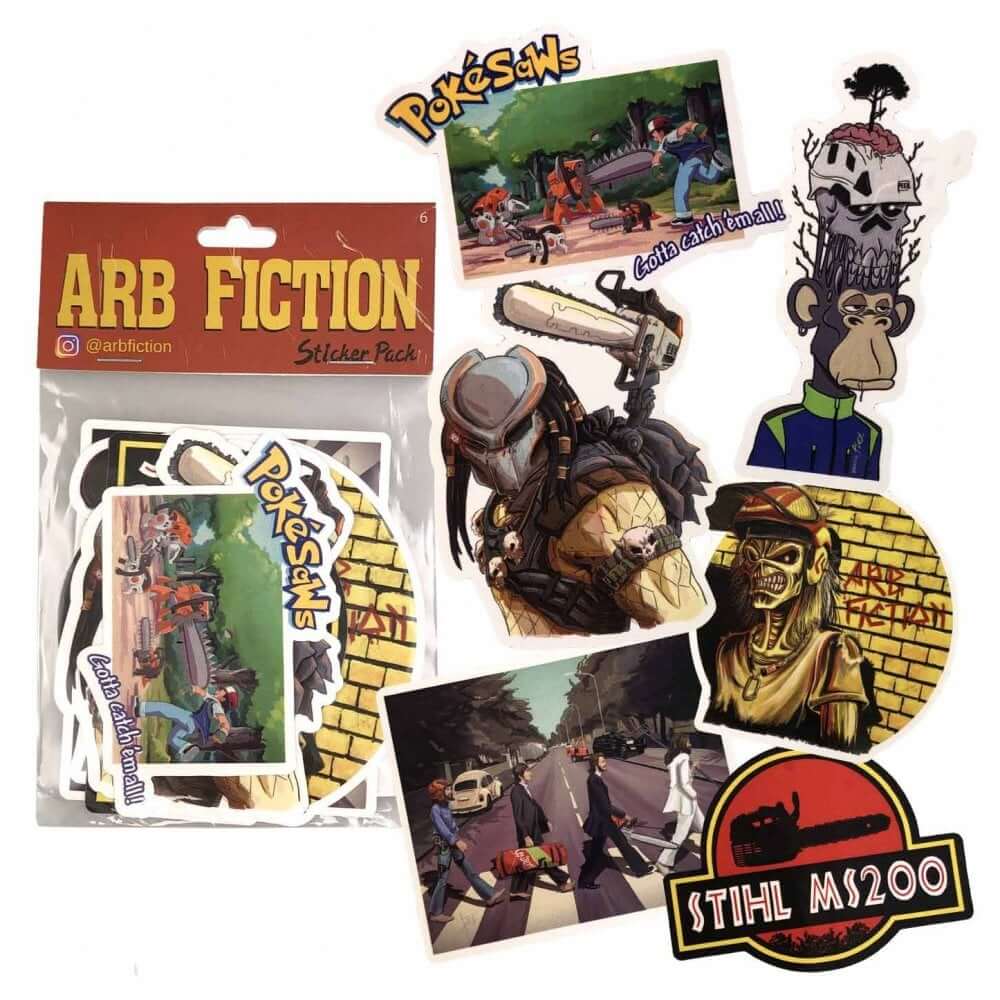 Collection of high-quality Arb Fiction stickers, featuring unique designs for tree surgeons and pop culture enthusiasts.
