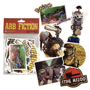 Collection of high-quality Arb Fiction stickers, featuring unique designs for tree surgeons and pop culture enthusiasts.