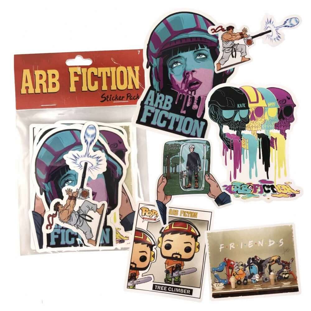 Arb Fiction sticker collection featuring unique designs for tree surgeons and outdoor enthusiasts.