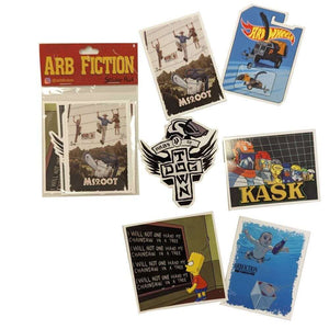 Collection of high-quality Arb Fiction stickers featuring pop culture designs for tree surgeons.