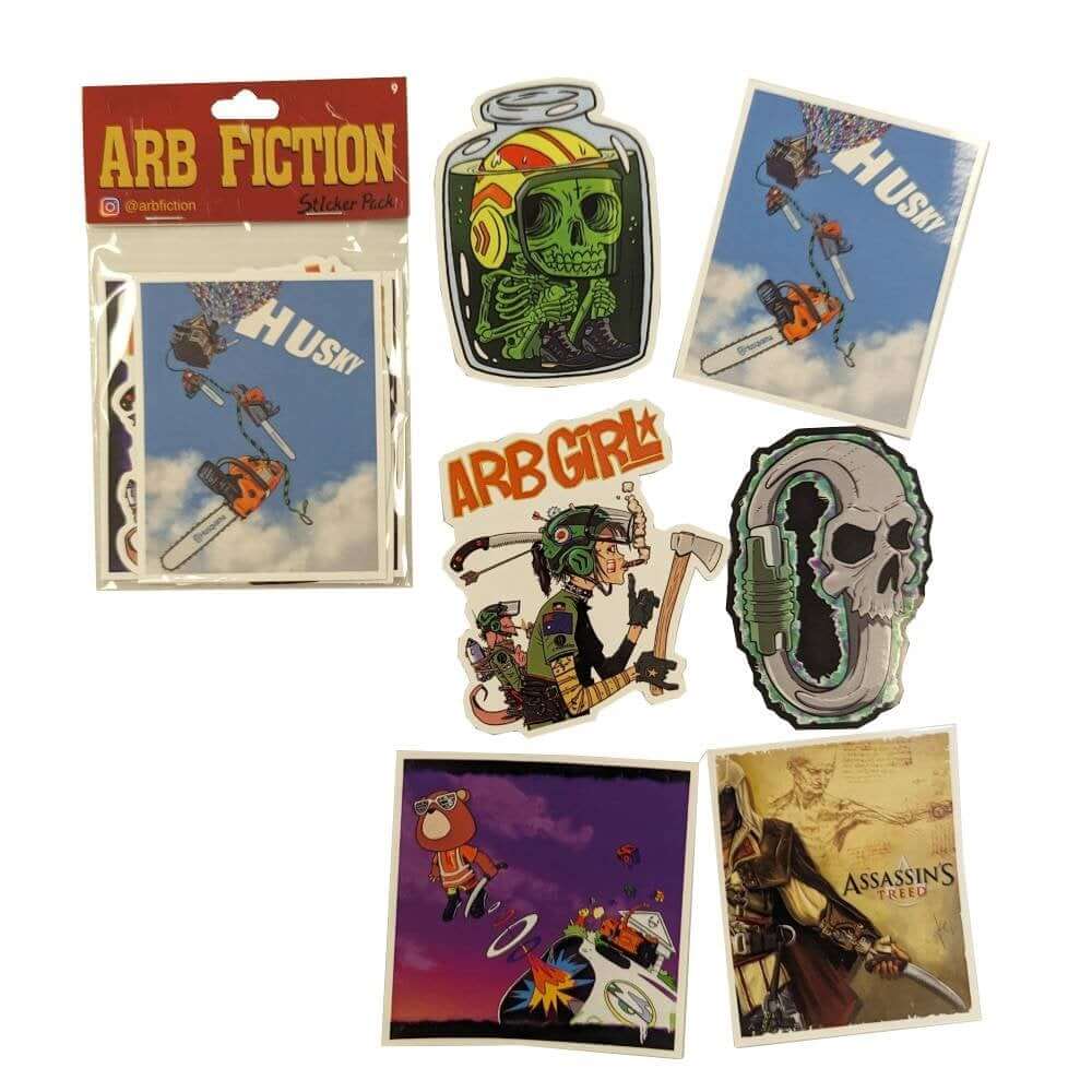 Collection of Arb Fiction stickers featuring unique designs for Tree Surgeons and pop culture enthusiasts.