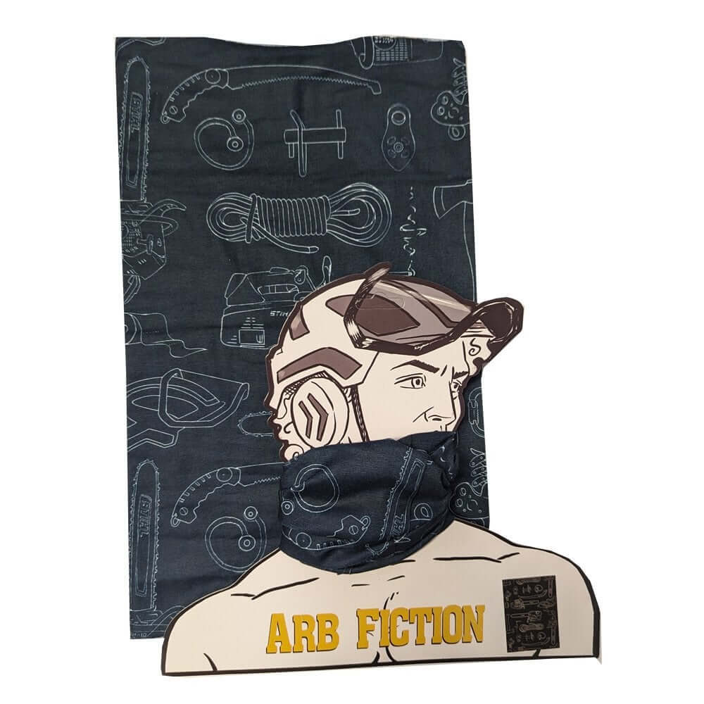 A neck gaiter Buff featuring a graphic print with chainsaws and other arborist tools, worn by a illustrated character, with the brand name 'ARB FICTION' displayed.