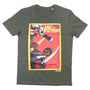 Olive green t-shirt with a graphic print of characters and text related to the movie 'Pulp Fiction'.