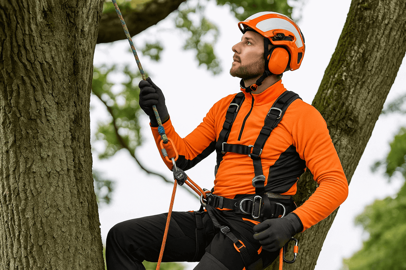 Tree climber in orange gear, safely rappelling down a tree using ropes and safety equipment.
