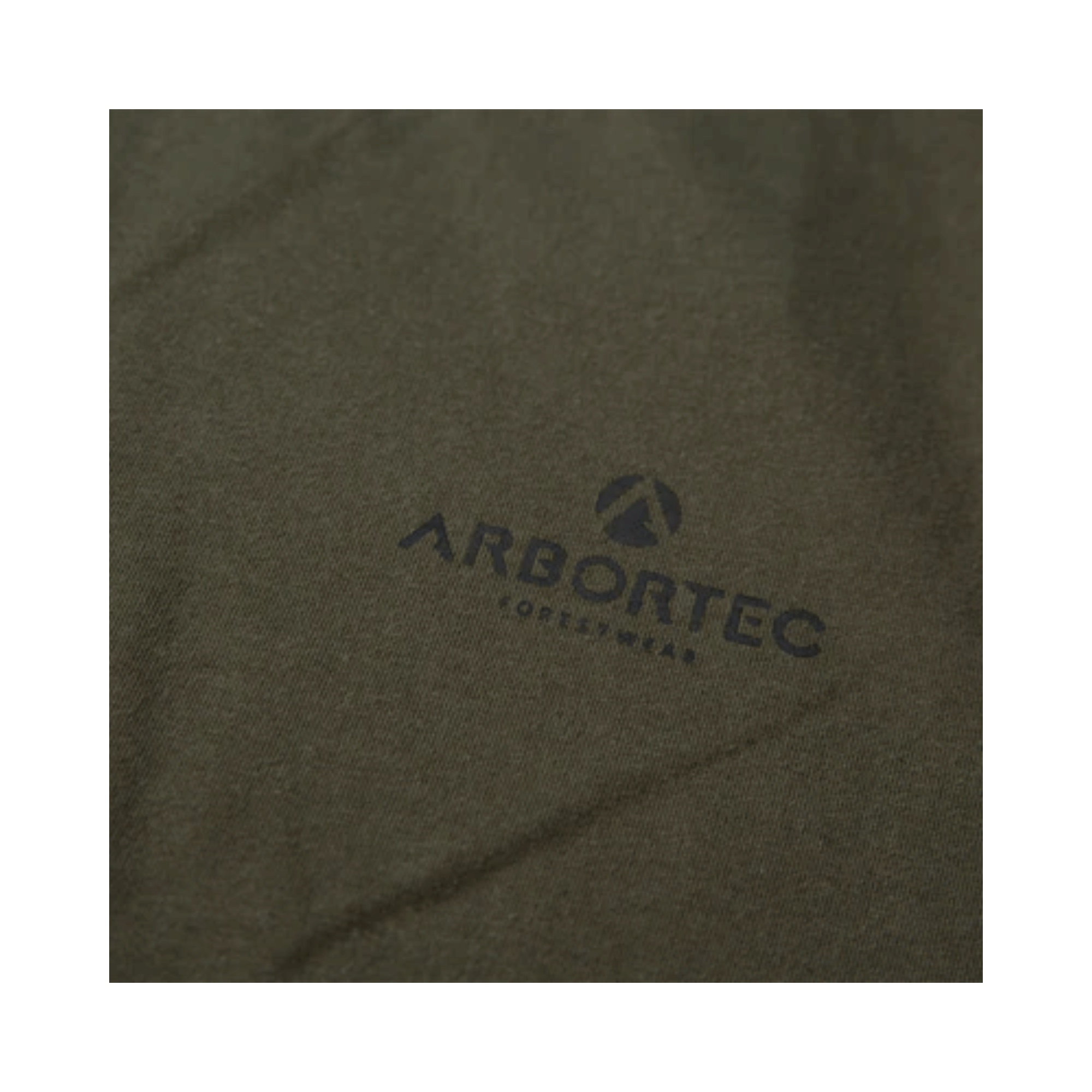 Close-up of the Arbortec logo on the Short Sleeve T-Shirt Olive, showcasing quality cotton fabric.