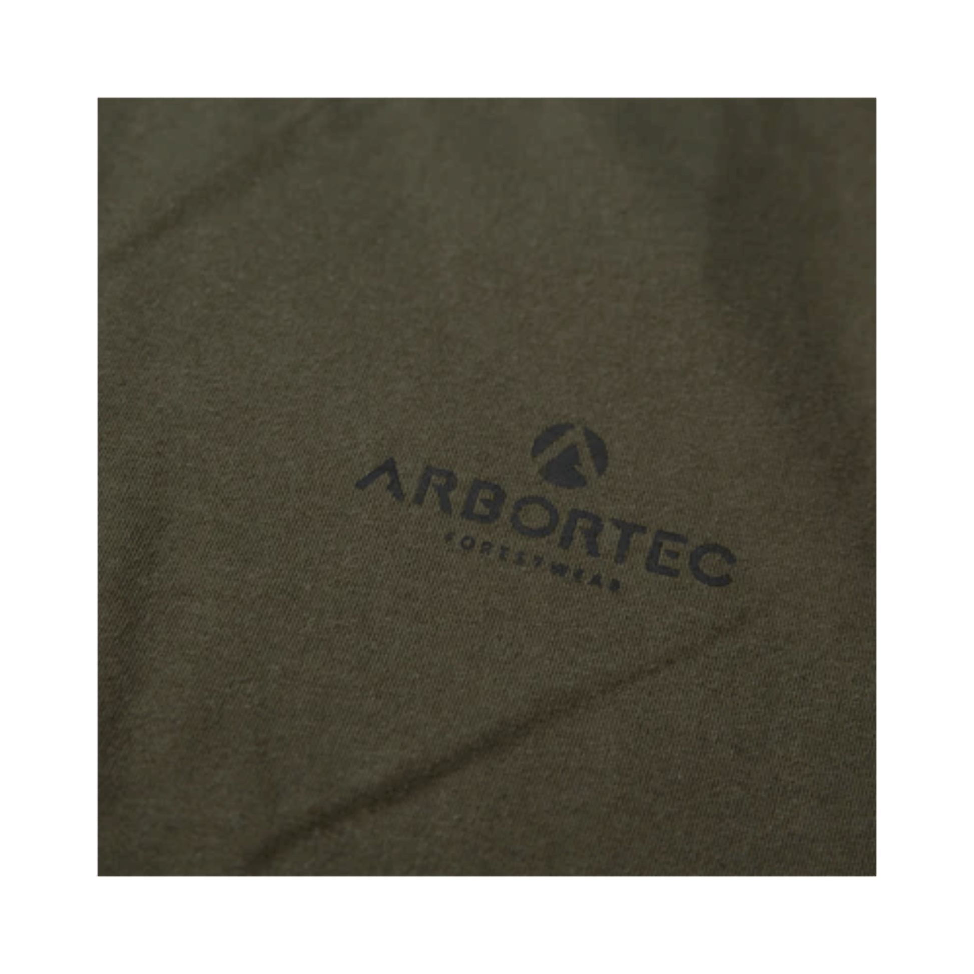 Close-up of the Arbortec logo on the Short Sleeve T-Shirt Olive, showcasing quality cotton fabric.