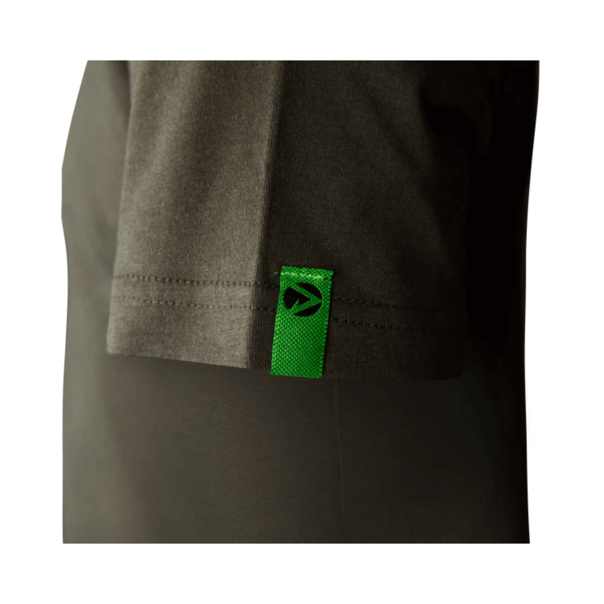 Short Sleeve T-Shirt Olive close-up showing the green label on the sleeve of the premium cotton tee.
