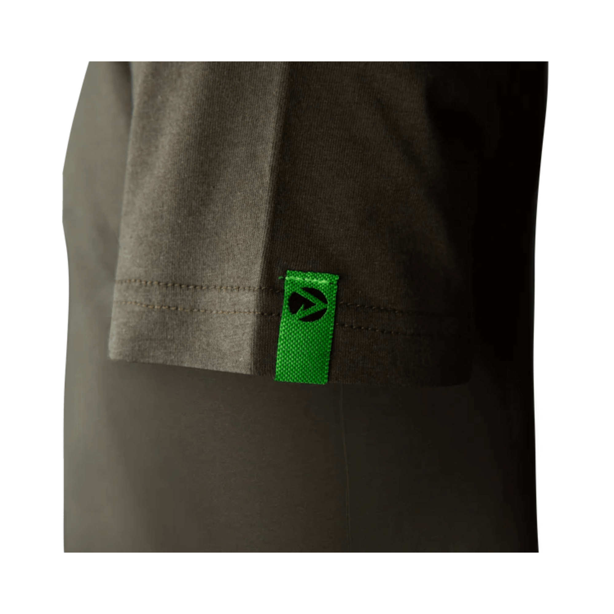 Short Sleeve T-Shirt Olive close-up showing the green label on the sleeve of the premium cotton tee.