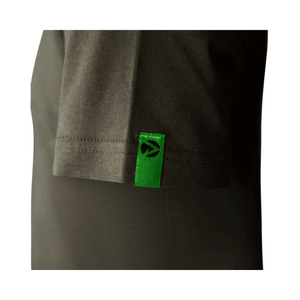 Short Sleeve T-Shirt Olive close-up showing the green label on the sleeve of the premium cotton tee.