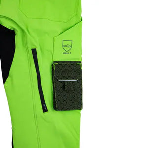 Breatheflex Pro chainsaw trousers in lime green with reinforced pockets for tree surgeons, emphasizing durability and safety.