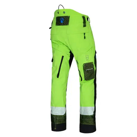 Breatheflex Pro Deep Forest Chainsaw Trousers Type A in lime green, featuring reinforced knees and double stitching for tree surgeons.