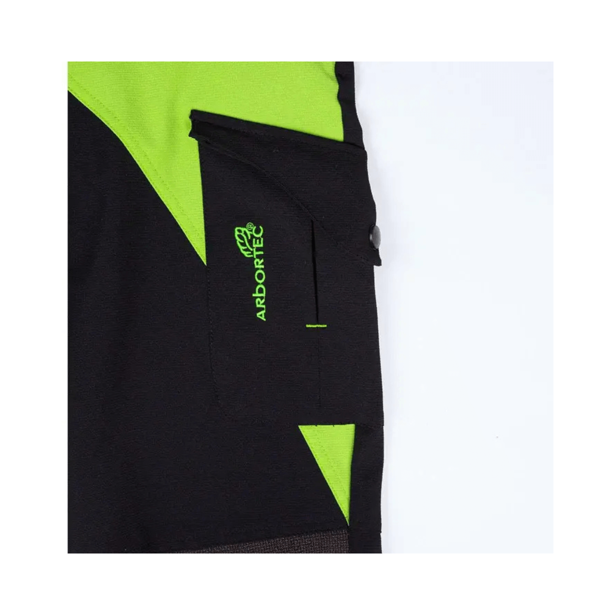 Close-up of Arbortec Arborflex Mid Range Lime Trousers, highlighting pocket and logo, ideal for tree surgeons.