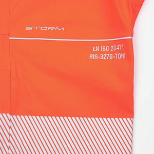 Close-up of Arborflex Storm Trousers in Hi-Vis Orange with EN ISO 20471 labels for tree surgeons protection.
