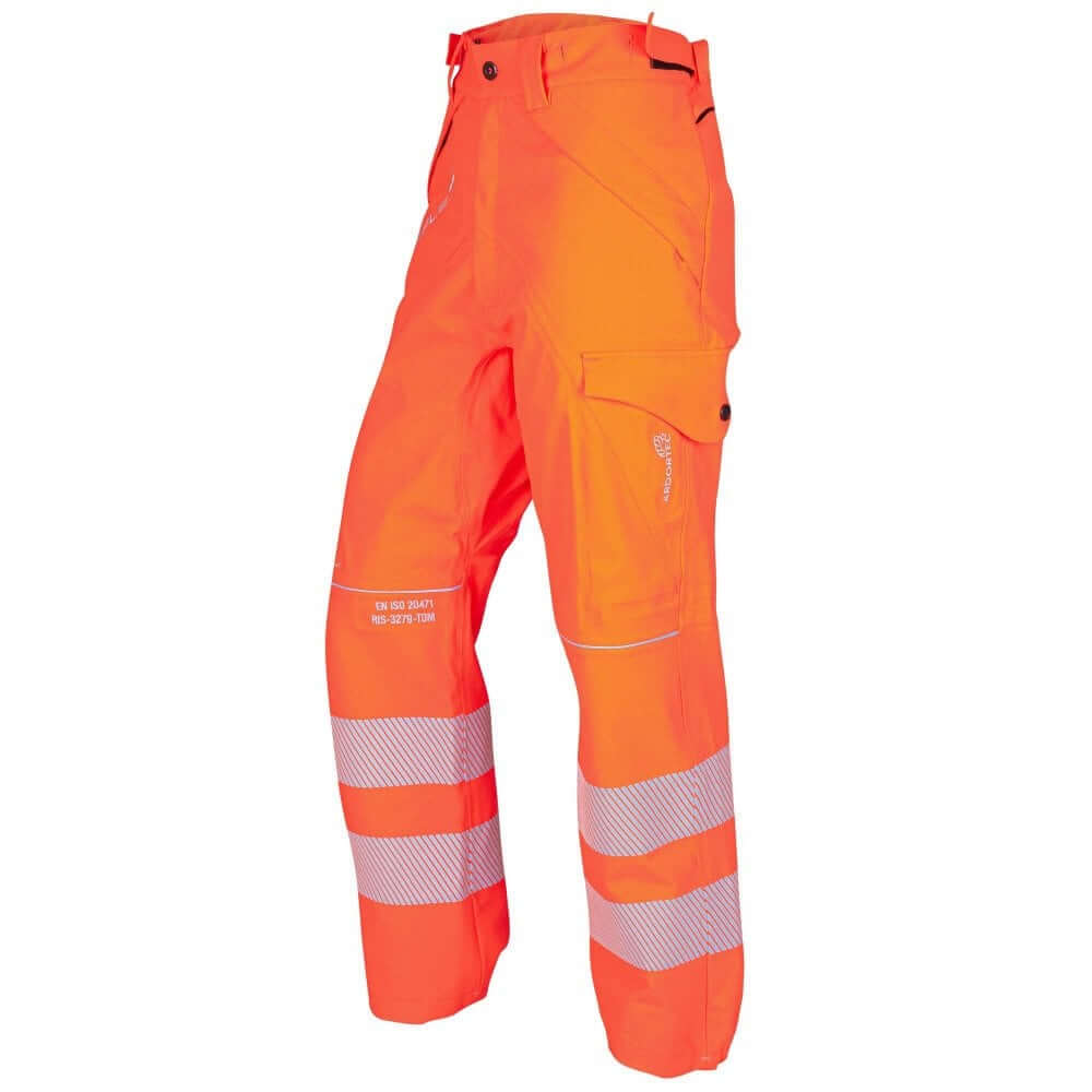 Arborflex Storm Trousers in Hi-Vis Orange for tree surgeons, offering waterproof and breathable protection for outdoor work.