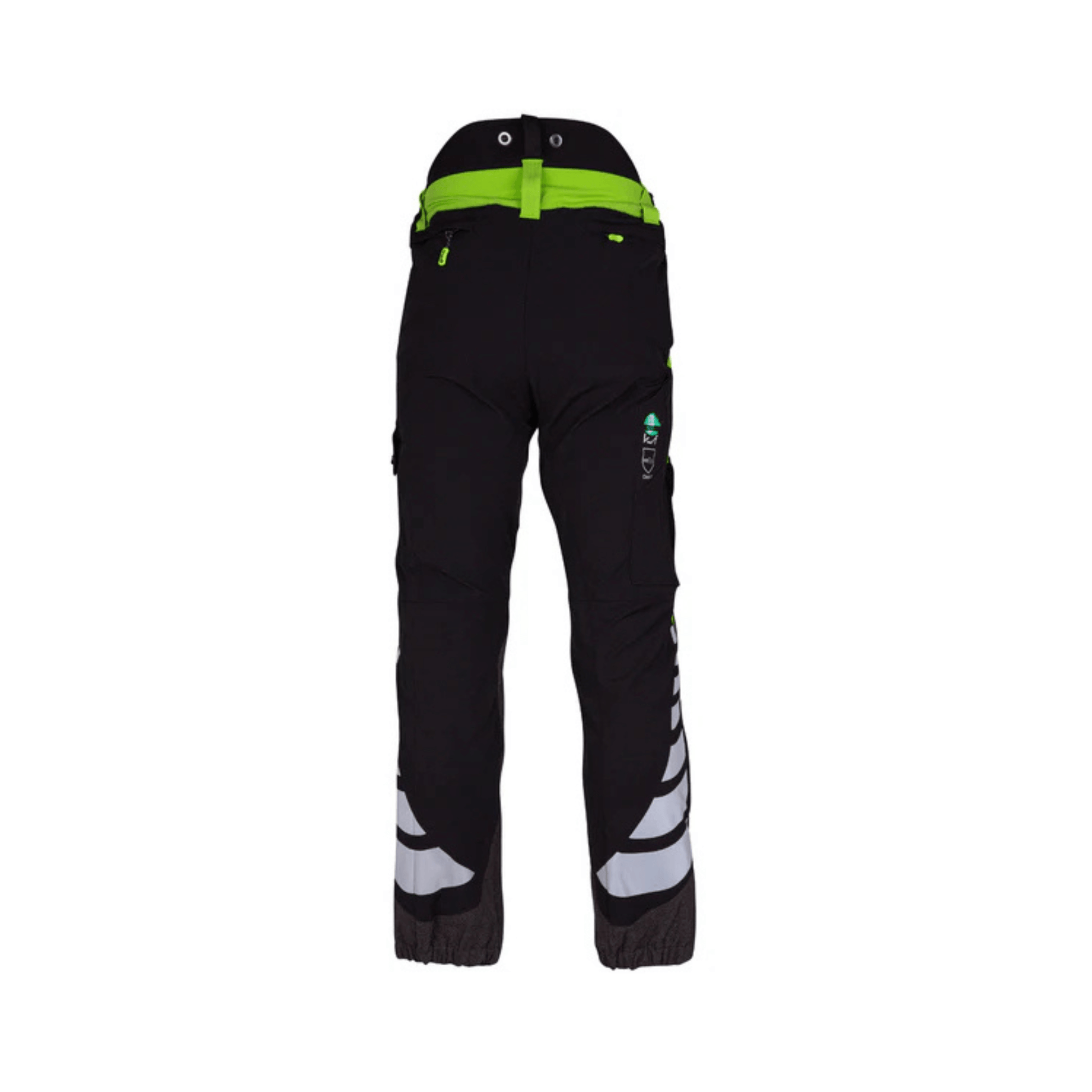 Back view of Arbortec Breatheflex Chainsaw Trousers in Black/Lime, designed for tree surgeons and forestry workers.