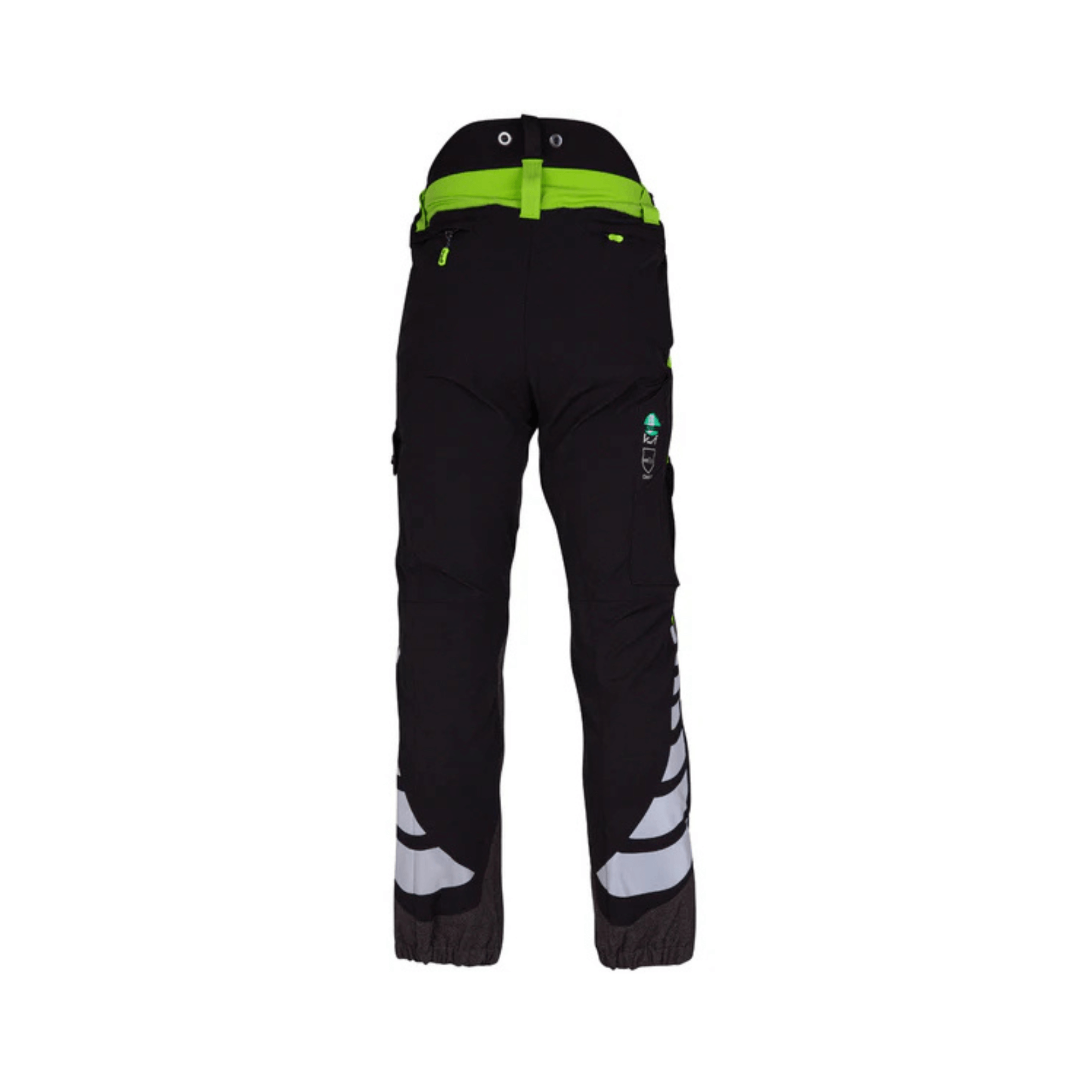 Back view of Arbortec Breatheflex Chainsaw Trousers in Black/Lime, designed for tree surgeons and forestry workers.