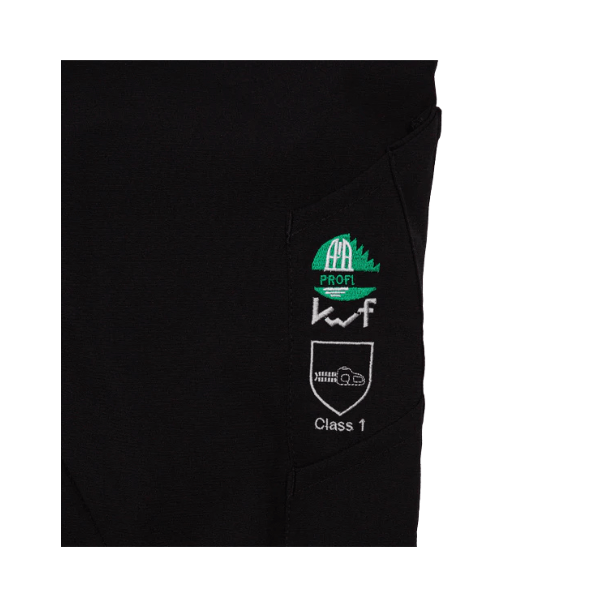 Close-up of the certification labels on Arbortec chainsaw trousers, showcasing Class 1 safety standards for tree surgeons.