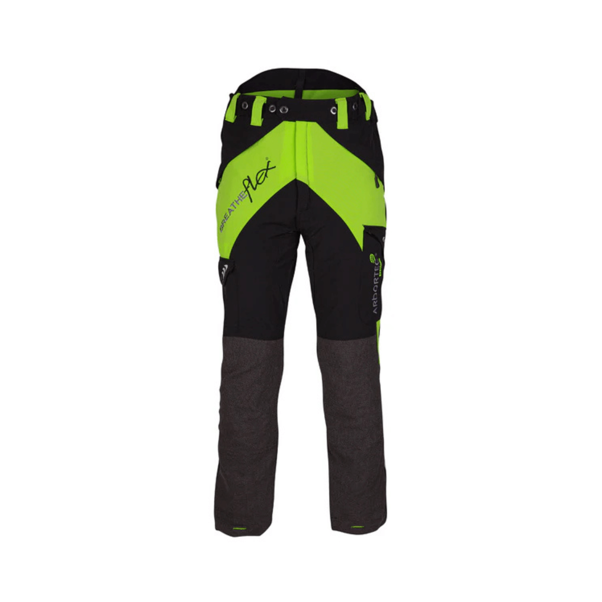 Arbortec Breatheflex Chainsaw Trousers in black and lime color, designed for tree surgeons and forestry workers.