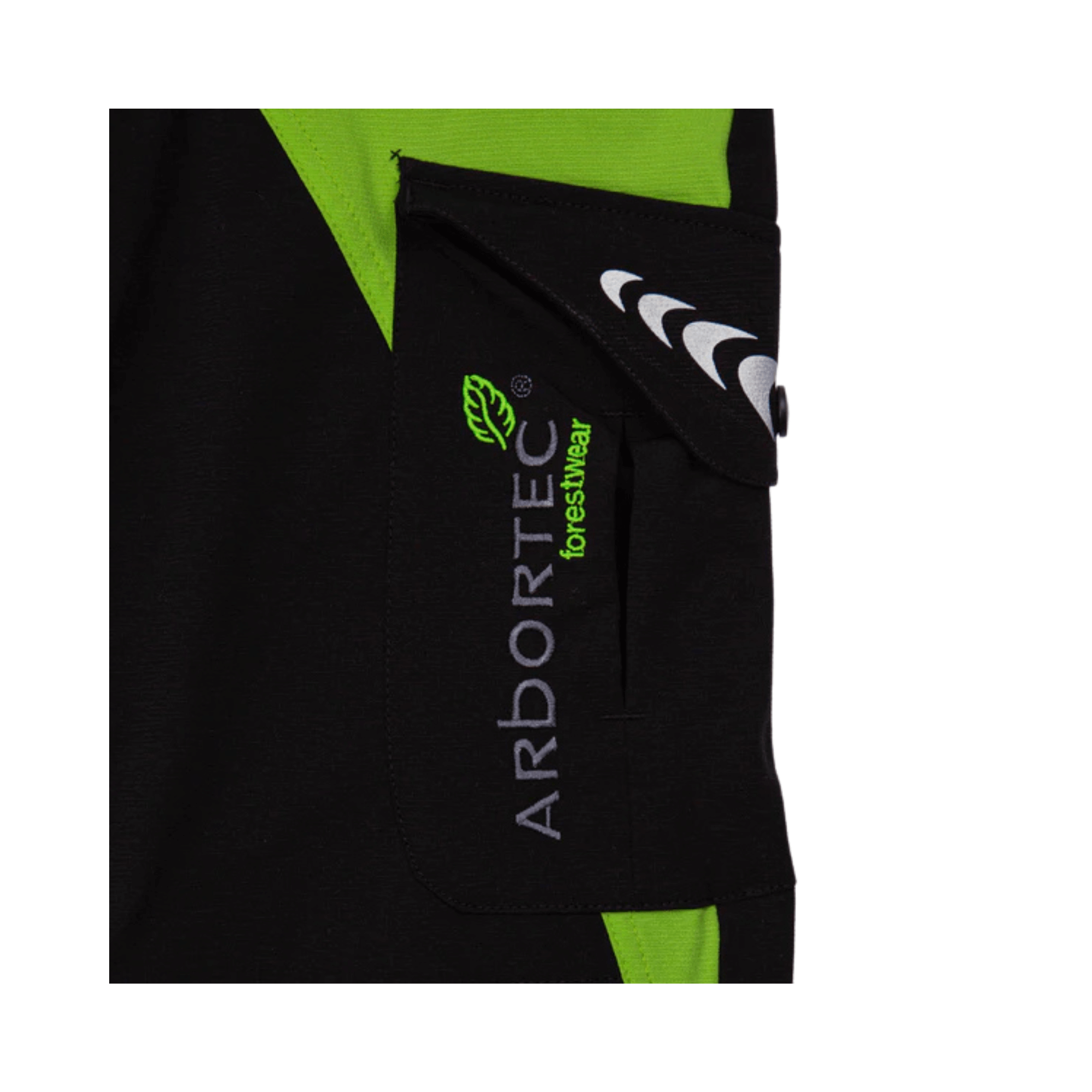Close-up of Arbortec Breatheflex Chainsaw Trousers, featuring black fabric and lime green accents, ideal for tree surgeons.