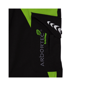 Close-up of Arbortec Breatheflex Chainsaw Trousers, featuring black fabric and lime green accents, ideal for tree surgeons.