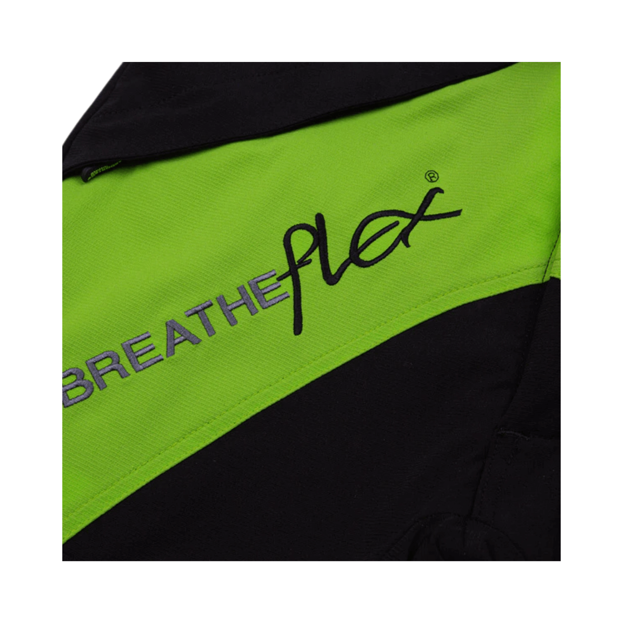 Detail of Arbortec Breatheflex Chainsaw Trousers in black and lime, showcasing breathable and lightweight fabric.